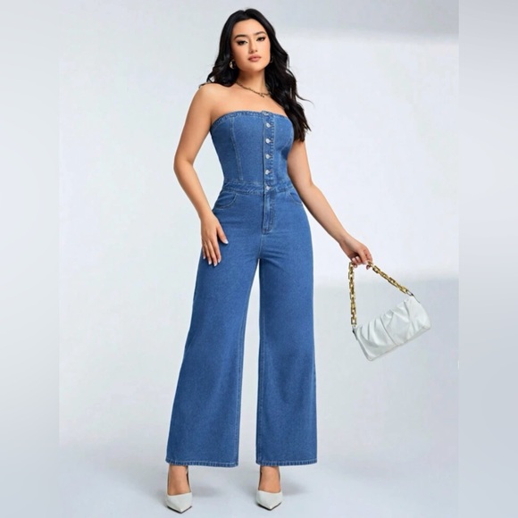 NWT Bonnie Boom Strapless Denim Jumpsuit - Picture 1 of 6